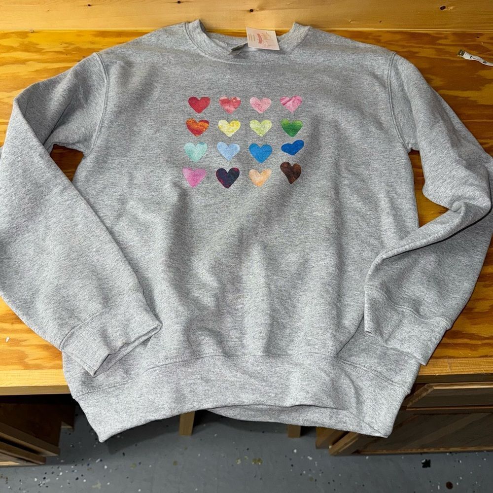 Grey Swearshirt with multicolor hearts printed on it- NWT size small